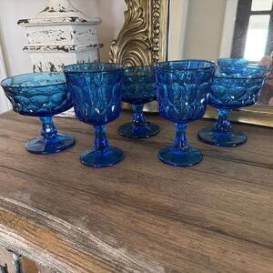 VTG Noritake Perspective Blue Glasses – Set of 5 (3 Sherbet, 2 Wine)